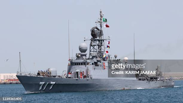 The Saudi Hitteen warship, a Badr class corvette, arrives at Hamad Port during the Doha International Maritime Defence Exhibition & Conference in the...
