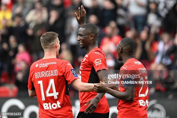 Rennes French forward Serhou Guirassy celebrates his goal during the French L1 football match between Stade Rennais FC and FC Metz, at the Roazhon...