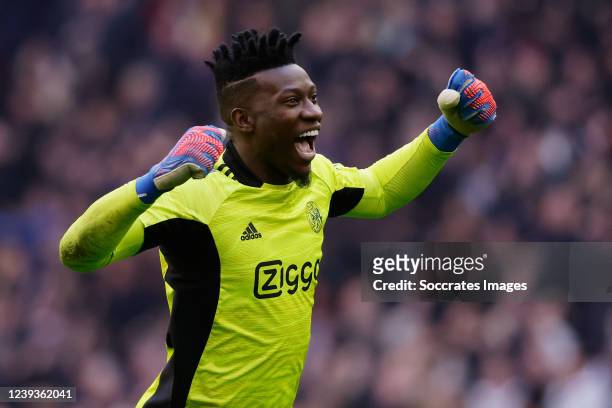 Andre Onana of Ajax celebrates 3-2 during the Dutch Eredivisie match between Ajax v Feyenoord at the Johan Cruijff Arena on March 20, 2022 in...