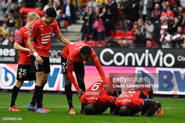 Rennes French forward Serhou Guirassy celebrates his goal during the French L1 football match between Stade Rennais FC and FC Metz, at the Roazhon...
