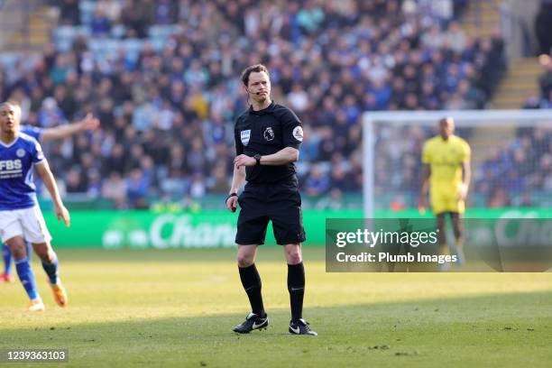 Referee Darren England during the Premier League match between Leicester City and Brentford at King Power Stadium on March 20, 2022 in Leicester,...