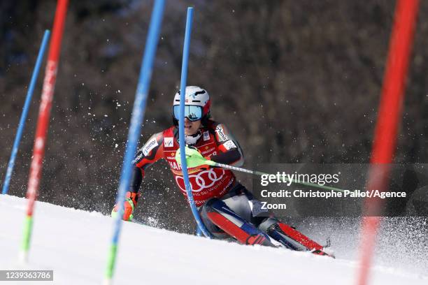 Henrik Kristoffersen of Team Norway in action during the Audi FIS Alpine Ski World Cup Women's Giant Slalom on March 20, 2022 in Courchevel, France.