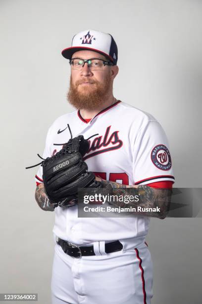 Sean Doolittle of the Washington Nationals poses during Photo Day at The Ballpark of the Palm Beaches on March 17, 2022 in West Palm Beach, Florida.