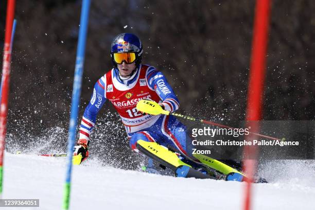 Clement Noel of Team France in action during the Audi FIS Alpine Ski World Cup Women's Giant Slalom on March 20, 2022 in Courchevel, France.