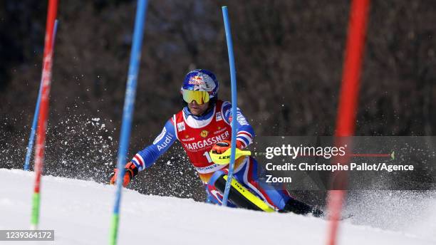 Alexis Pinturault of Team France in action during the Audi FIS Alpine Ski World Cup Women's Giant Slalom on March 20, 2022 in Courchevel, France.