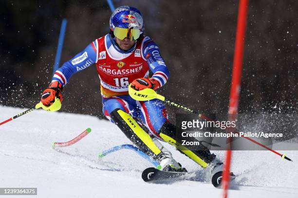Alexis Pinturault of Team France in action during the Audi FIS Alpine Ski World Cup Women's Giant Slalom on March 20, 2022 in Courchevel, France.