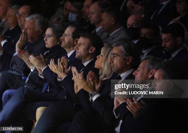 France's France's former President Francois Hollande Senate President Gerard Larcher , Israel's President Isaac Herzog , France's President Emmanuel...