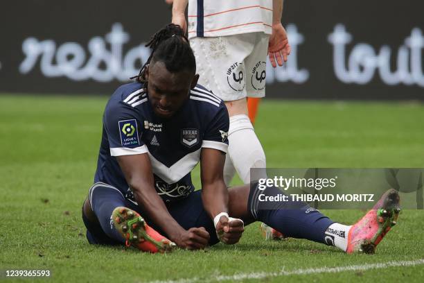 Bordeaux' Honduran forward Alberth Elis reacts during the French L1 football match between Girondins de Bordeaux and Montpellier at the Matmut...
