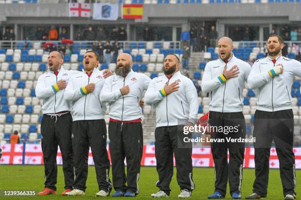 Georgian national team stands for the anthem during the Rugby Europe International Championship round 5 match between Georgia and Spain at Dinamo...