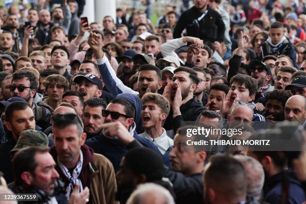 Bordeaux' supporters react outside the Matmut stadium in Bordeaux, southwestern France, after the Girondins de Bordeaux lost their French L1 football...