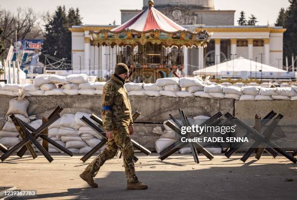 Member of the Ukrainian Territorial Defence Forces stands guard at a checkpoint in Kyiv on March 20 as Russian forces try to encircle the Ukranian...