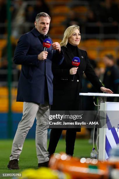 Sky Sports presenters Kelly Cates and Jamie Carragher before the Premier League match between Wolverhampton Wanderers and Leeds United at Molineux on...