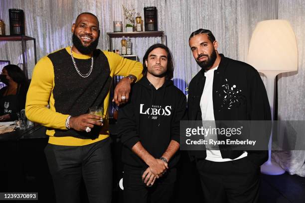 In this image released on March 21, LeBron James, Diego Osorio and Drake attend the Lobos 1707 Official Launch into Canadian market at Harbour 60 in...