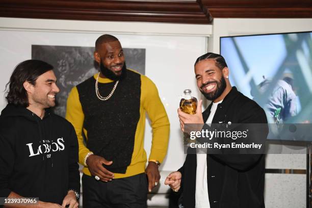 In this image released on March 21, Diego Osorio, LeBron James and Drake attend the Lobos 1707 Official Launch into Canadian market at Harbour 60 in...