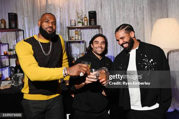 In this image released on March 21, LeBron James, Diego Osorio and Drake attend the Lobos 1707 Official Launch into Canadian market at Harbour 60 in...