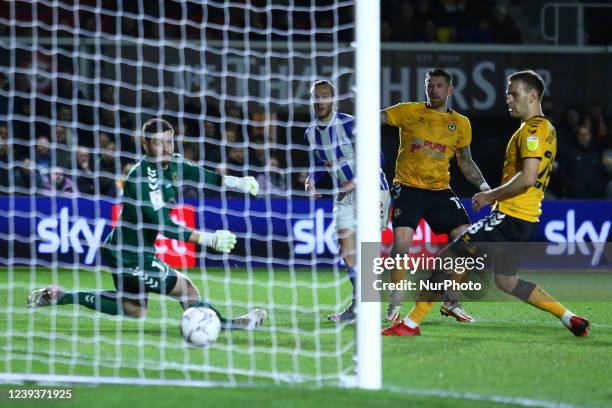 Jamie Sterry of Hartlepool United scores a goal to make it 1-1 during the Sky Bet League 2 match between Newport County and Hartlepool United at...