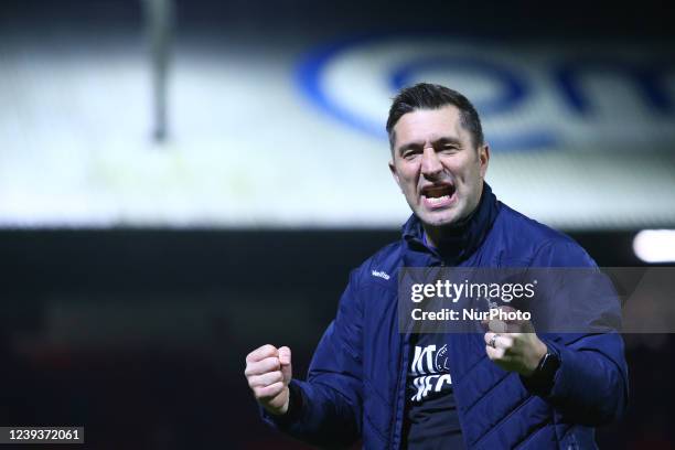 Hartlepool United manager, Graeme Lee, celebrates with the fans at full time during the Sky Bet League 2 match between Newport County and Hartlepool...