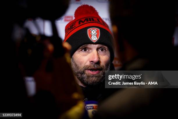 Paul Warne the head coach / manager of Rotherham United talks to Sky Sports after the Sky Bet League One match between Rotherham United and...