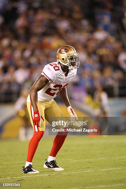 Madieu Williams of the San Francisco 49ers defends during the game against the San Diego Chargers at Qualcomm Stadium on September 1, 2011 in San...