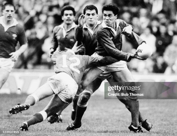 John Ah Kuoi of Western Samoa is tackled by David Bryant and Bleddyn Bowen of Wales during the Rugby Union International match at Cardiff Arms Park,...