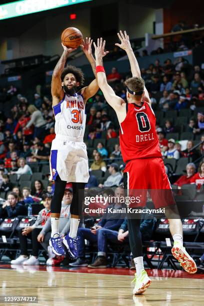 Allen Crabbe of the Westchester Knicks shoots the ball against Henri Drell of the Windy City Bulls during the first half of an NBA G-League game on...