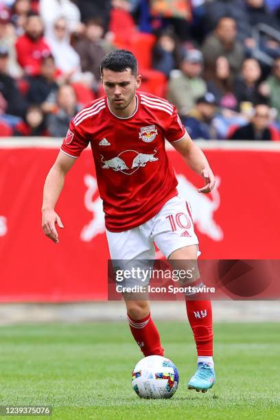 New York Red Bulls midfielder Lewis Morgan controls the ball during the second half of the Major League Soccer game between the New York Red Bulls...