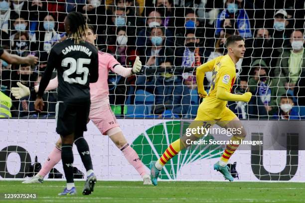 Ferran Torres of FC Barcelona celebrates 0-4 during the La Liga Santander match between Real Madrid v FC Barcelona at the Santiago Bernabeu on March...