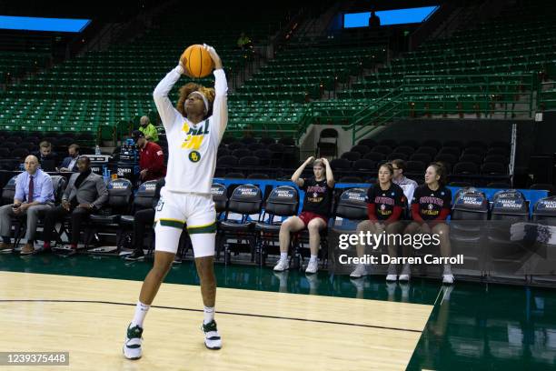 Members of the South Dokota Coyotes watch from the sideline as NaLyssa Smith of the Baylor Bears warms up before their game in the second round of...