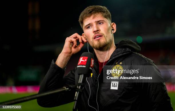 Goal keeper Gregor Kobel of Borussia Dortmund is giving an interview after the final whistle during the Bundesliga match between 1. FC Koeln and...