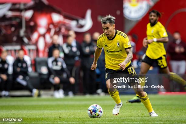 Lucas Zelarrayán of Columbus Crew takes the ball to the goal during the first half of the match against New York Red Bulls at Red Bull Arena on March...