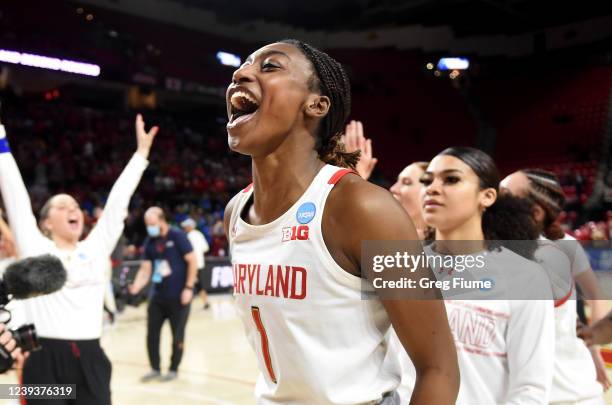 Diamond Miller of the Maryland Terrapins celebrates after a victory against the Florida Gulf Coast Eagles during the second round of the 2022 NCAA...