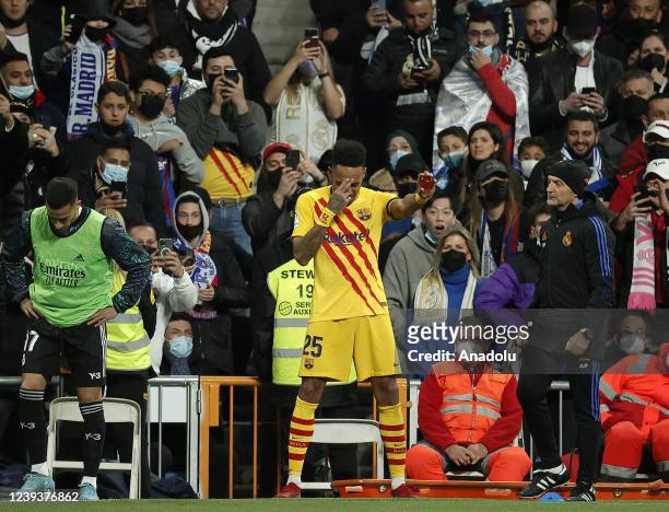 Pierre-Emerick Aubameyang of FC Barcelona celebrates after scoring a goal during the Spanish football league, La Liga match between Real Madrid and...