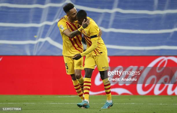Pierre-Emerick Aubameyang of FC Barcelona celebrates with teammate Ousmane Dembele after scoring a goal during the Spanish football league, La Liga...