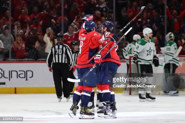 Alex Ovechkin of the Washington Capitals celebrates his 40th goal of the season during a game against the Dallas Stars at Capital One Arena on March...