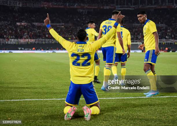 Sebastian Villa of Boca Juniors celebrates after scoring the first goal of his team during a Copa de la Liga 2022 match between River Plate and Boca...