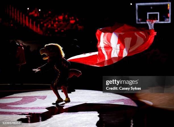 Harry the Hawk waves an Atlanta Hawks flag before a game against the New Orleans Pelicans at State Farm Arena on March 20, 2022 in Atlanta, Georgia....