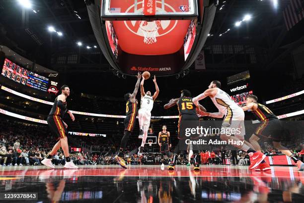 McCollum of the New Orleans Pelicans shoots the ball during the game against the Atlanta Hawks on March 20, 2022 at State Farm Arena in Atlanta,...
