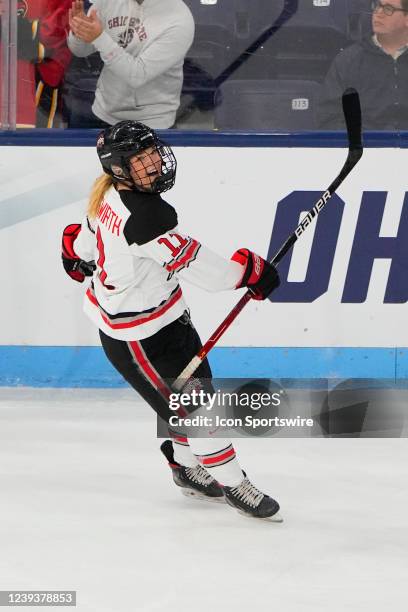 Ohio State Buckeyes Forward Kenzie Hauswirth celebrates scoring a goal during the third period of the Div I Womens Hockey Championship between the...