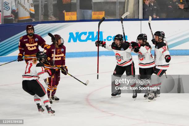 Ohio State Buckeyes Forward Sara Saekkinen and Ohio State Buckeyes Forward Lexi Templeman and Ohio State Buckeyes Defenseman Riley Brengman wait to...