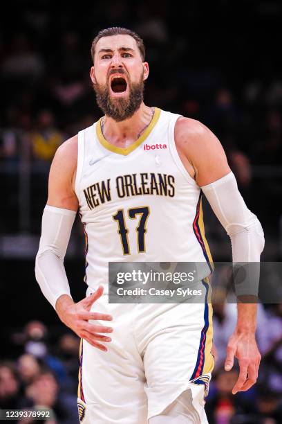 Jonas Valanciunas of the New Orleans Pelicans yells after making a shot during the second half of a game against the Atlanta Hawks at State Farm...