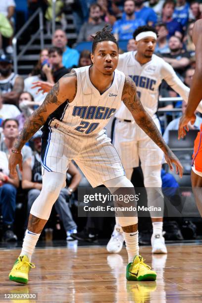 Markelle Fultz of the Orlando Magic plays defense during the game against the Oklahoma City Thunderon March 20, 2022 at Amway Center in Orlando,...