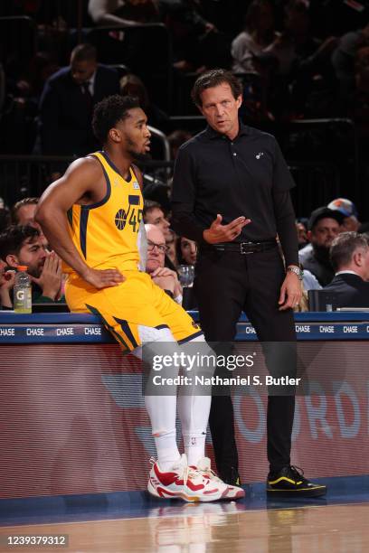 Head Coach Quin Snyder of the Utah Jazz talks to Donovan Mitchell during the game against the New York Knicks on March 20, 2022 at Madison Square...