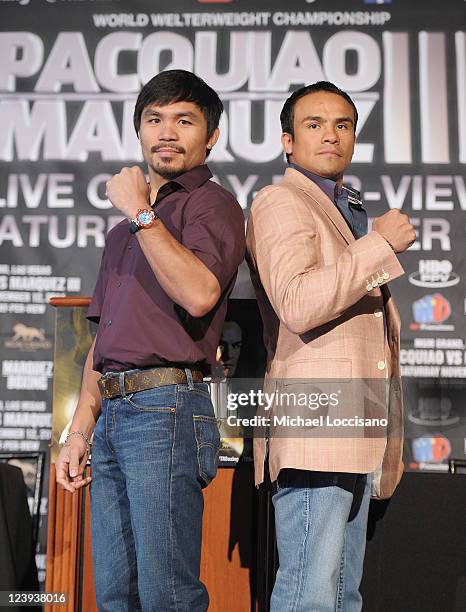 Professional Boxers Manny Pacquiao and Juan Manuel Marquez attend the press conference for their World Welterweight Championship Fight at The...