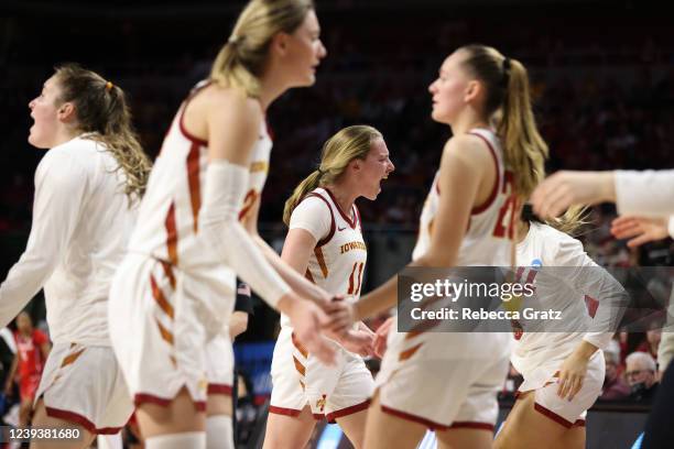 Emily Ryan of the Iowa State Cyclones celebrates with her team late in the game against the Georgia Bulldogs 67-44 in the second round of the 2022...