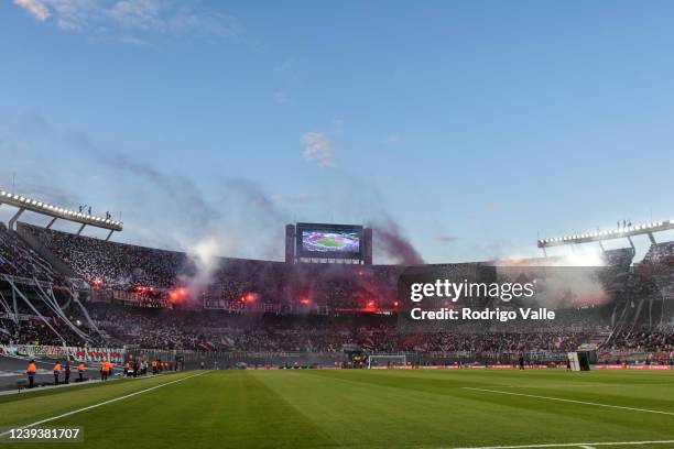 River Plate fans light up flares before a Copa de la Liga 2022 match between River Plate and Boca Juniors at Estadio Monumental Antonio Vespucio...