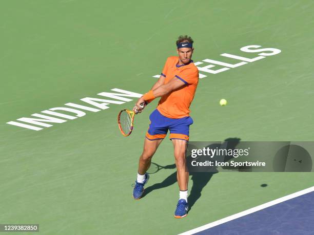 Rafael Nadal hits a backhand during his final match at the BNP Paribas Open on March 20 at the Indian Wells Tennis Garden in Indian Wells, CA.