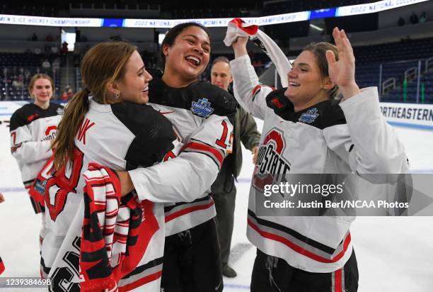 Sophie Jaques of the Ohio State Buckeyes celebrates with Brooke Bink and Kenzie Hauswirth after the Buckeyes defeated the Minnesota Duluth Bulldogs...