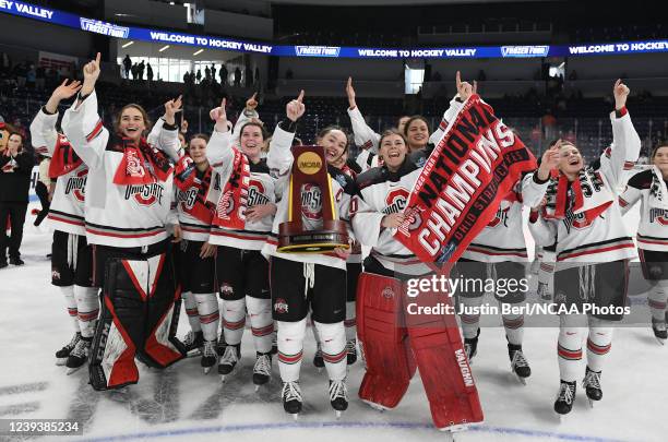 The Ohio State Buckeyes celebrate after defeating the Minnesota Duluth Bulldogs 3-2 during the Division I Womens Ice Hockey Championship held at...