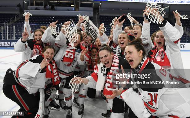 The Ohio State Buckeyes celebrate after defeating the Minnesota Duluth Bulldogs 3-2 during the Division I Womens Ice Hockey Championship held at...