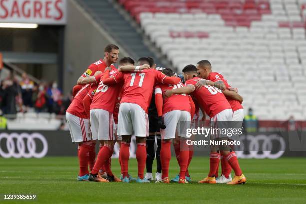 Benfica players before the start of the Liga Portugal Bwin match between SL Benfica and Estoril de Praia at Estádio da Luz on 20th March, 2022 in...